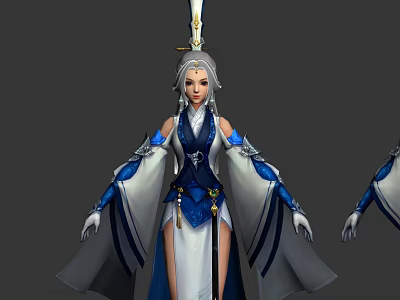 Game Movie Character In Blue White Robe With Decorative Headdress And Fantasy Style 3d model