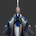 Game Movie Character In Blue White Robe With Decorative Headdress And Fantasy Style