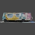 Vintage Bus Featuring Colorful Graffiti Art With Big Eyes Design On Orange Background