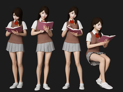 Young Women in School Uniform Reading Books with Different Poses 3d model