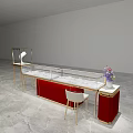 Modern Display Shelves With Golden Frame Red Cabinet And Glass Showcase