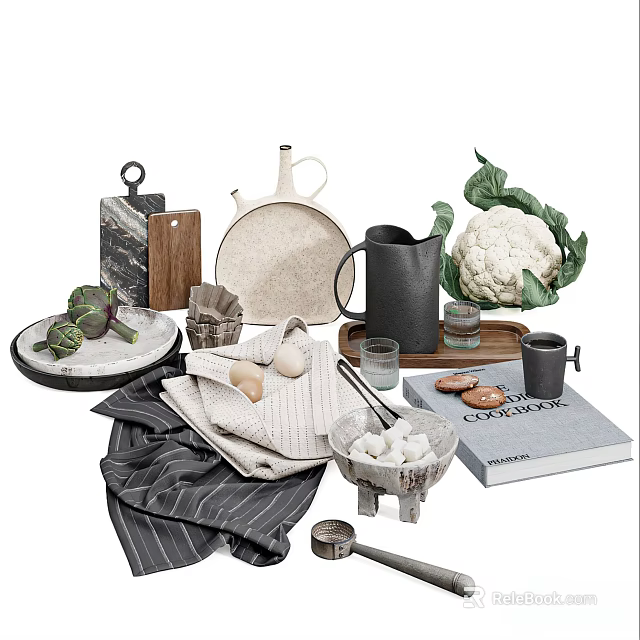 Stylish Tableware Set With Kitchen Accessories And Ingredients 3d model