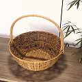 Stylish Natural Wicker Basket as Household Item on Wooden Table with Bamboo Plant