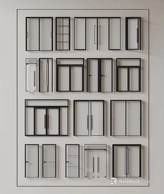 Various Double Doors Designs With Different Frame Styles And Handle Options 3d model