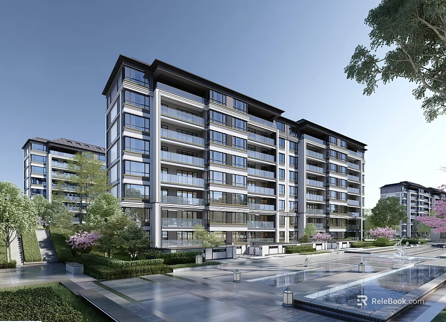 Modern Multi Story Residential Building Exterior Design With Balconies Lush Trees And Water Feature 3d model 