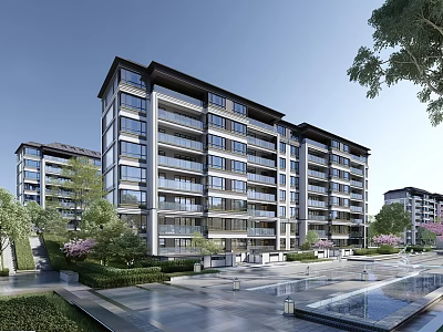 Modern Multi Story Residential Building Exterior Design With Balconies Lush Trees And Water Feature 3d model