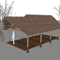 Traditional Open Landscape Pavilion With Thatch Roof Wooden Structure And Trees