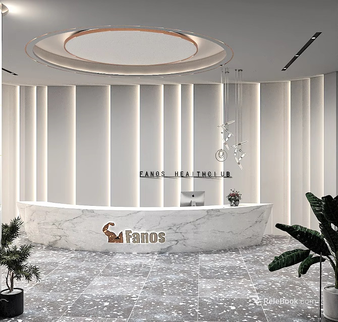 Modern Reception Desk With White Paneled Wall Marble Countertop Hanging Pendant Lights And Plant Accents 3d model 