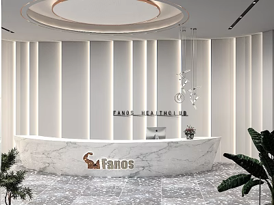 Modern Reception Desk With White Paneled Wall Marble Countertop Hanging Pendant Lights And Plant Accents 3d model
