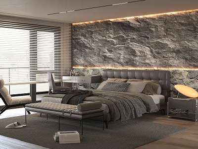 Modern Bedroom Interior Design With Stone Wall Upholstered Headboard Bed Nightstand And Bench 3d model