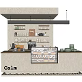 Calm Café Interior With Coffee Counter Dessert Display Case And Shelves Featuring Cups