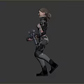 Futuristic Female Warrior In Shiny Metallic Cybernetic Armor Holding Large Sci Fi Energy Weapon