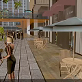 Vibrant Commercial Street With Outdoor Seating Umbrellas Pedestrians And Modern Buildings