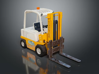 Yellow And White Forklift With Orange Top Light And Metal Front Forks 3d model
