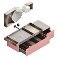 Modern Bathroom Vanity With Pink Cabinet Gray Countertop Round Mirror And Wooden Elements