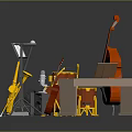 Musical Instruments and Equipment Including Drum Set Double Bass Piano Guitar Saxophone and Microphone