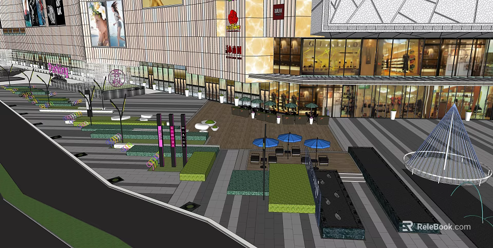 Modern Commercial Landscape With Open Plaza Green Plants Street Lamps Umbrellas Near Shopping Mall 3d model 