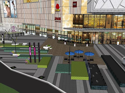 Modern Commercial Landscape With Open Plaza Green Plants Street Lamps Umbrellas Near Shopping Mall 3d model