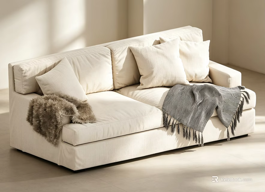 Modern Cream White Fabric Two Seater Sofa With Soft Pillows And Cozy Throw Blankets 3d model 