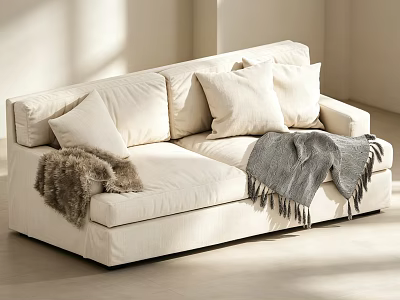 Modern Cream White Fabric Two Seater Sofa With Soft Pillows And Cozy Throw Blankets 3d model