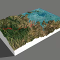 3D Garden Landscape Model With Mountain Terrain Blue Water And Red Pathway