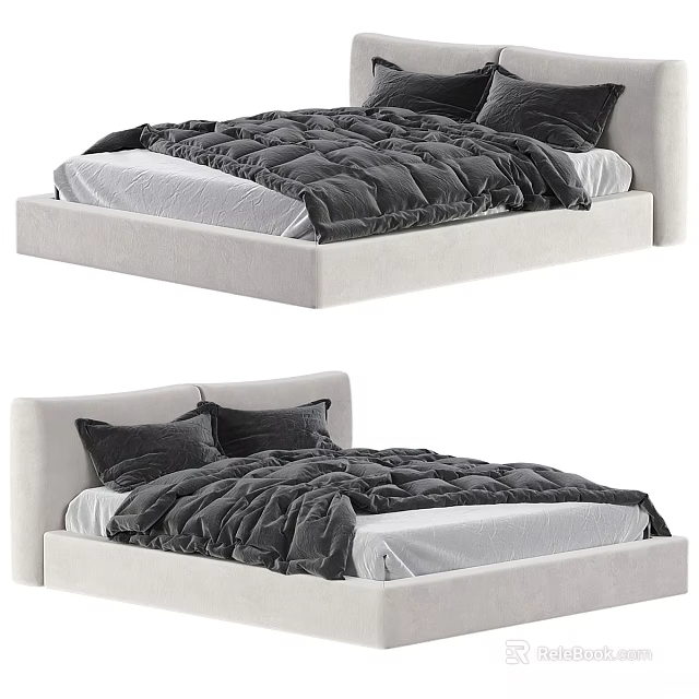 Modern Double Bed With White Upholstered Frame And Black Bedding Set 3d model