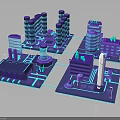 Futuristic City Architecture 3D Model With Tall Buildings Neon Lights And Connected Structures