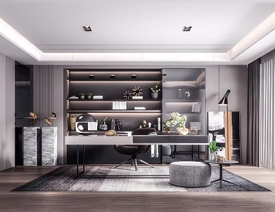 Modern Study Room Interior Design With Wooden Desk Open Shelves Green Plants And Ceiling Lighting 3d model