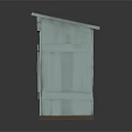 Light Blue Wooden Hut with Simple Door Design and Gray Bucket on Grass Covered Ground