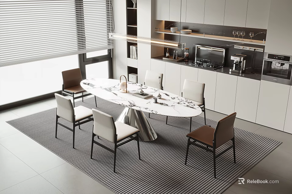 Modern Kitchen Table and Chairs Set Featuring Marble Top White Brown Chairs and Striped Rug 3d model 