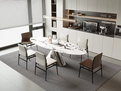 Modern Kitchen Table and Chairs Set Featuring Marble Top White Brown Chairs and Striped Rug 3d model