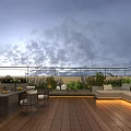 Roof Terrace Garden Landscape with Wooden Flooring Brown Umbrella and Lush Outdoor Plants