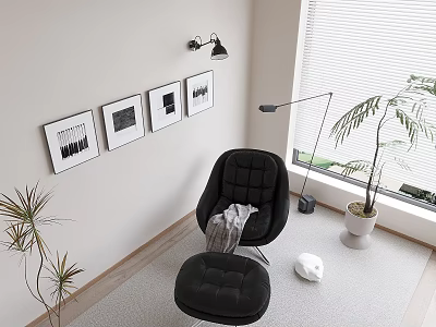 Stylish Black Chaise Lounge in Living Room with Framed Pictures Floor Lamp and Potted Plant 3d model