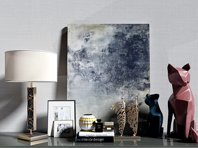 Decorative Ornament Collection With Table Lamp Abstract Painting Geometric Cat Figurines Photo Frames And Vase 3d model