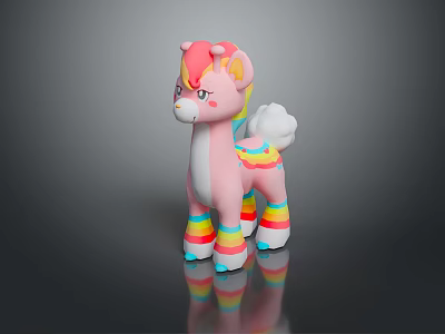 Cute Pink Pony Toy Figure With Rainbow Mane White Tail And Leg Stripes 3d model