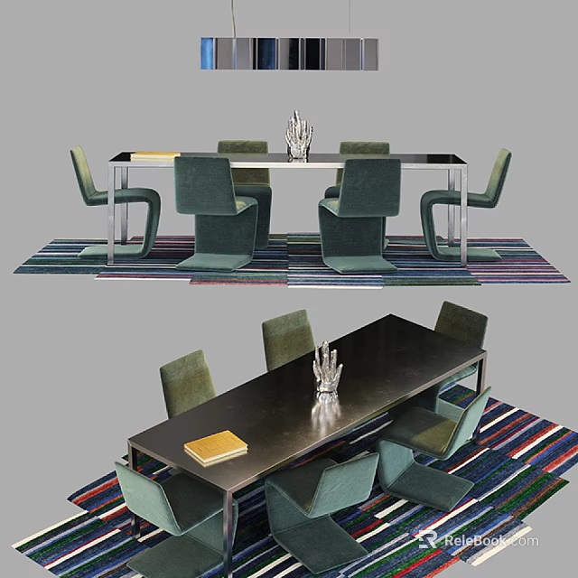 Modern Dining Table Set With Green Chairs Striped Rug And Decorative Centerpiece 3d model 