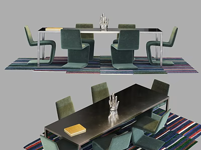 Modern Dining Table Set With Green Chairs Striped Rug And Decorative Centerpiece 3d model