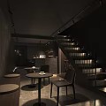 Industrial Style Bar Interior Featuring Bar Counter High Stools Wine Shelves And Ceiling Lighting