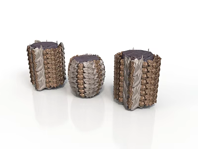 Three Different Sizes Decorative Drum Shaped Stools With Metal And Wood Texture 3d model