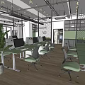 Public Office Space Featuring Long Desks With Computers Green Chairs Large Plant And Wooden Flooring