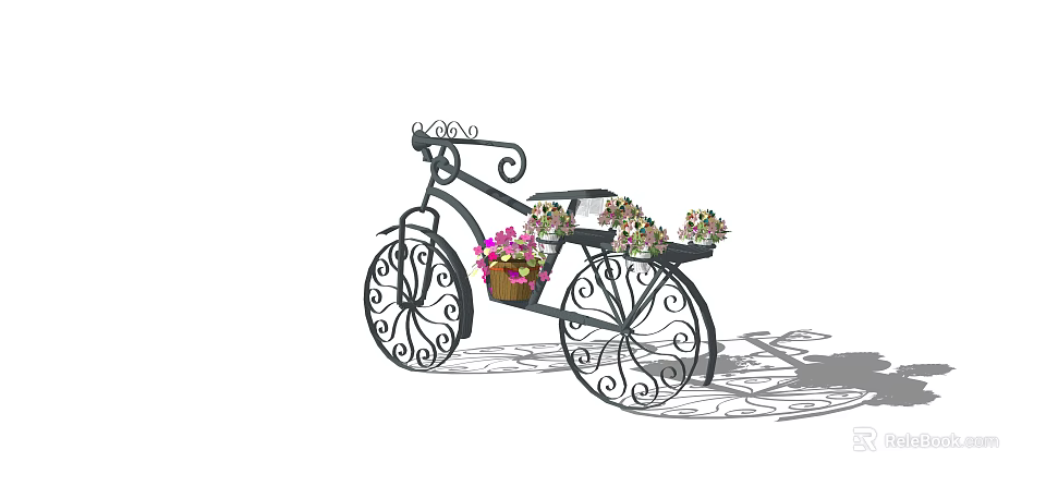 Vintage Iron Bicycle Garden Ornament With Flower Planters And Colorful Blooms 3d model 