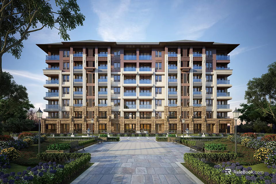 Modern Classical Multistory Residential Building With Stone Facade Large Windows And Surrounding Greenery 3d model 