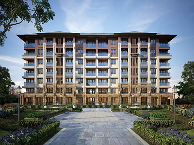 Modern Classical Multistory Residential Building With Stone Facade Large Windows And Surrounding Greenery 3d model