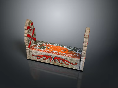 Vintage Decorative Wooden Bench With Colorful Patterns And Ornate Armrests 3d model