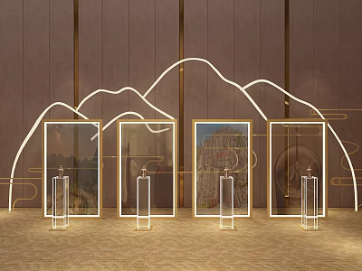Four Golden Framed Displays With Curved Neon Lights And Transparent Stands On Textured Floor 3d model