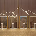 Four Golden Framed Displays With Curved Neon Lights And Transparent Stands On Textured Floor