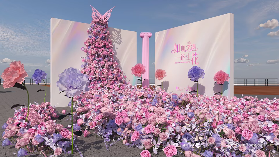 Butterfly Shaped Art Installation With Abundant Pink And Purple Flowers And Decorative Backdrop 3d model 