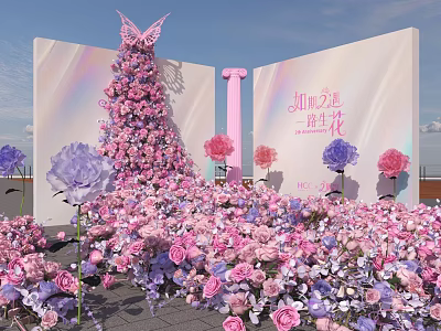 Butterfly Shaped Art Installation With Abundant Pink And Purple Flowers And Decorative Backdrop 3d model