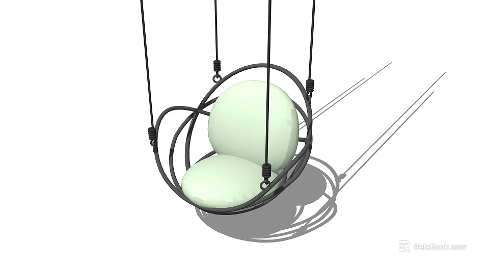 Stylish Hanging Swing Chair With Circular Metal Frame Light Green Cushion And Black Ropes Suspension 3d model 