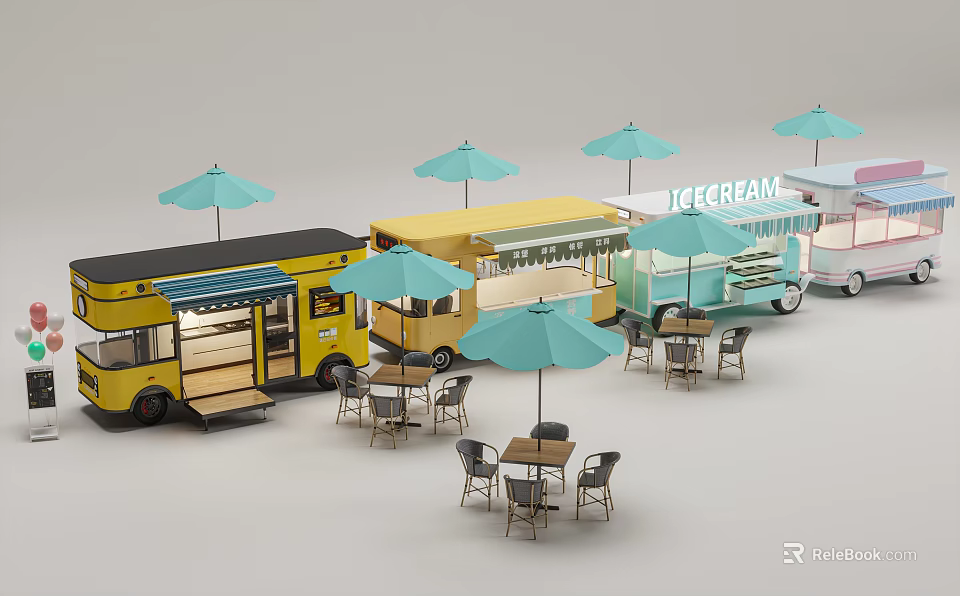 Vibrant Commercial Street Featuring Colorful Food Trucks Outdoor Dining Tables With Blue Umbrellas 3d model 